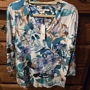 Chico's Teal and White Floral Long Sleeve Top